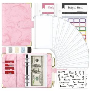 A6 Money Saving Organizer: PU Leather Budget Binder & Marble Notebook