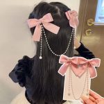 Sweet Princess Style Pink Pearls Chain Bow Hair Clip